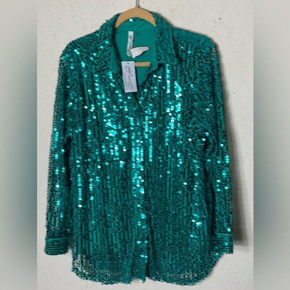 NY Collection Shimmery green sequins Button Up Shirt Size 1X - Picture 1 of 7